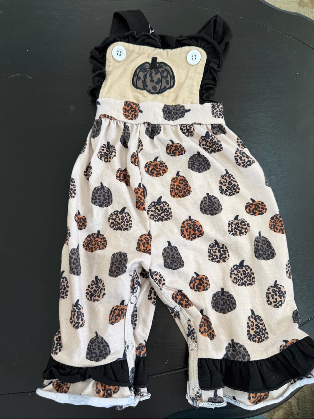 Leopard Pumpkin Romper Overalls in Cream and Black
